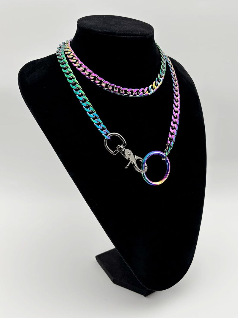 paloli Women's Slip Chain Rainbow Heart O-Ring Chunky Chain Necklace, Rays Cuban Long Layered Jewelry, Adjustable Lariat Y-Necklace Heart Loop Choker - Image 4